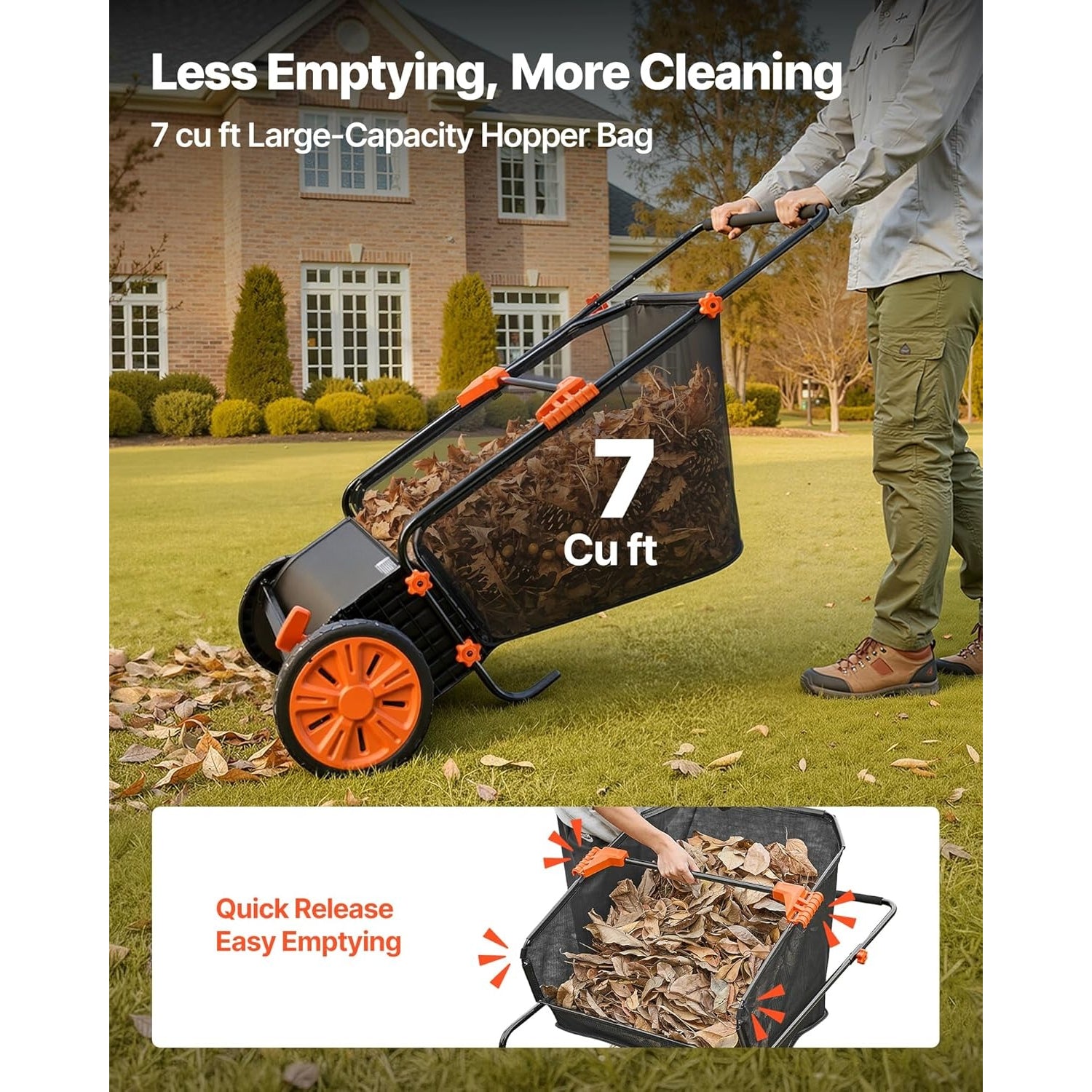 26” Push Lawn Sweeper – 7 cu. ft. Collection Bag, Adjustable Brush Height, Heavy Duty