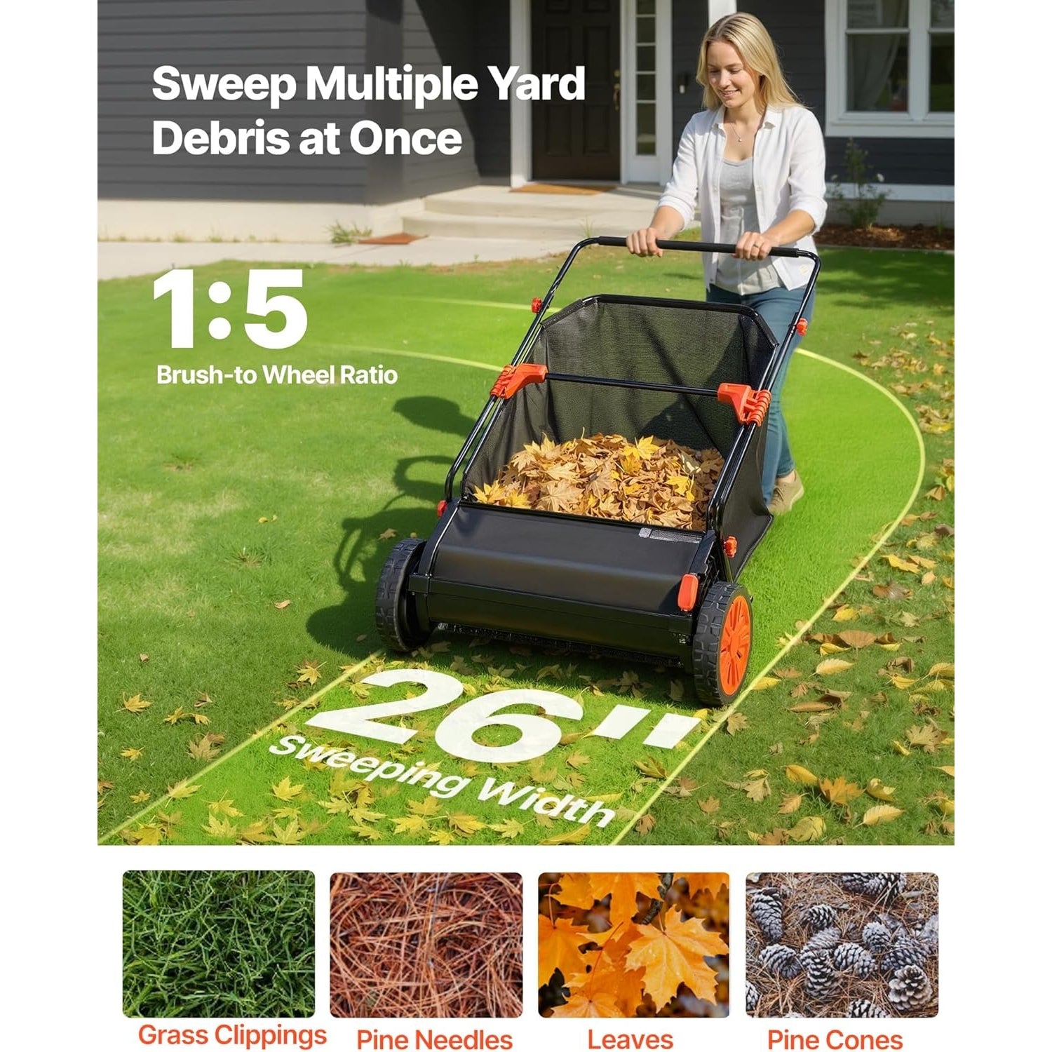 26” Push Lawn Sweeper – 7 cu. ft. Collection Bag, Adjustable Brush Height, Heavy Duty