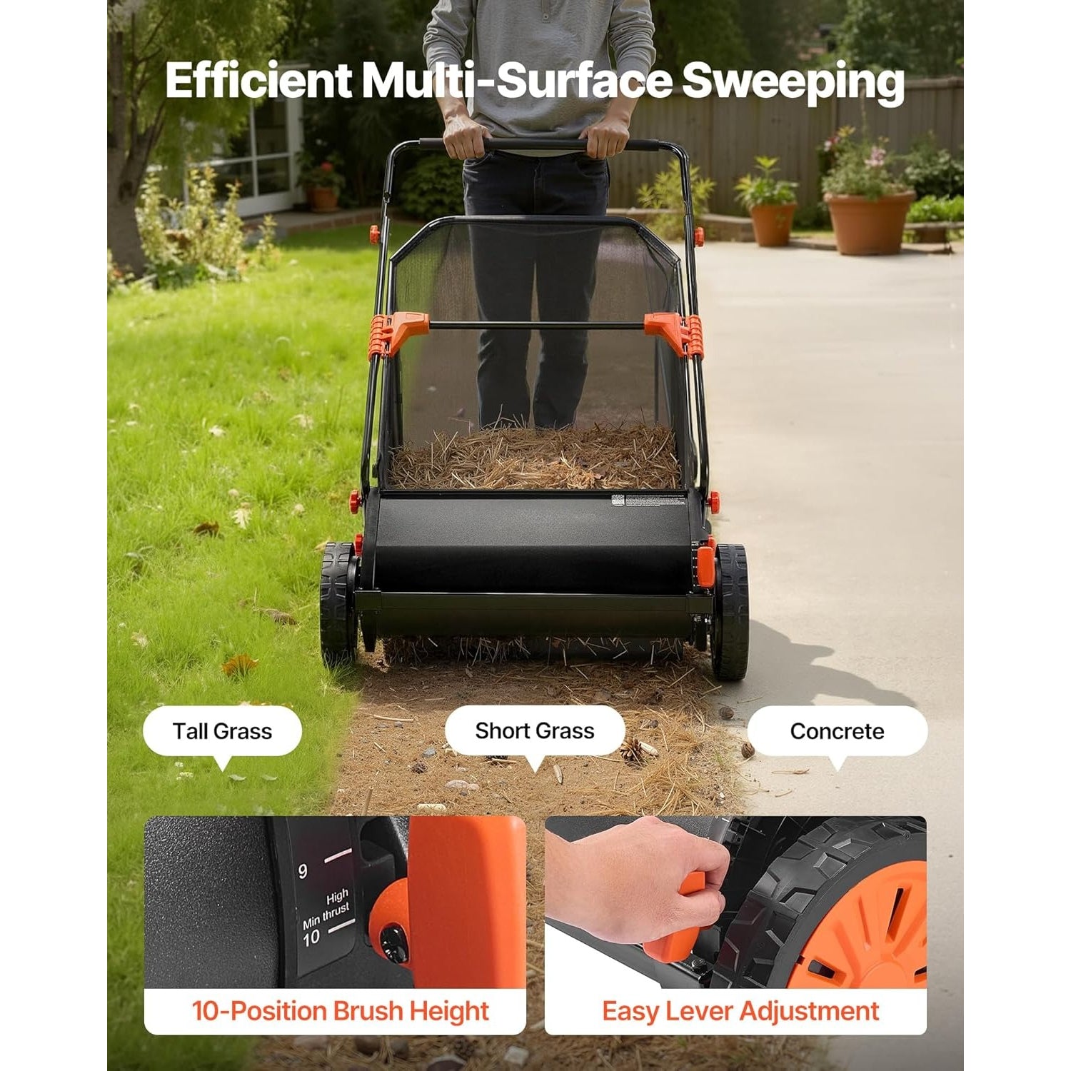 26” Push Lawn Sweeper – 7 cu. ft. Collection Bag, Adjustable Brush Height, Heavy Duty